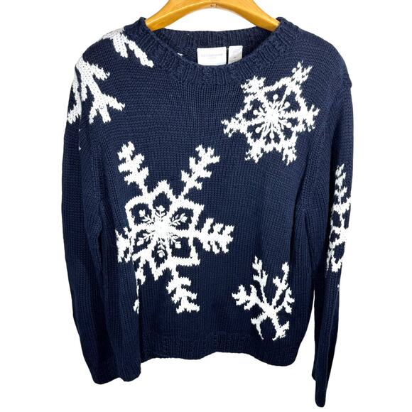 LIZ CLAIBORNE Snowflake Sweater Size XL Navy Blue Cotton Chunky Holiday Winter - Picture 1 of 9